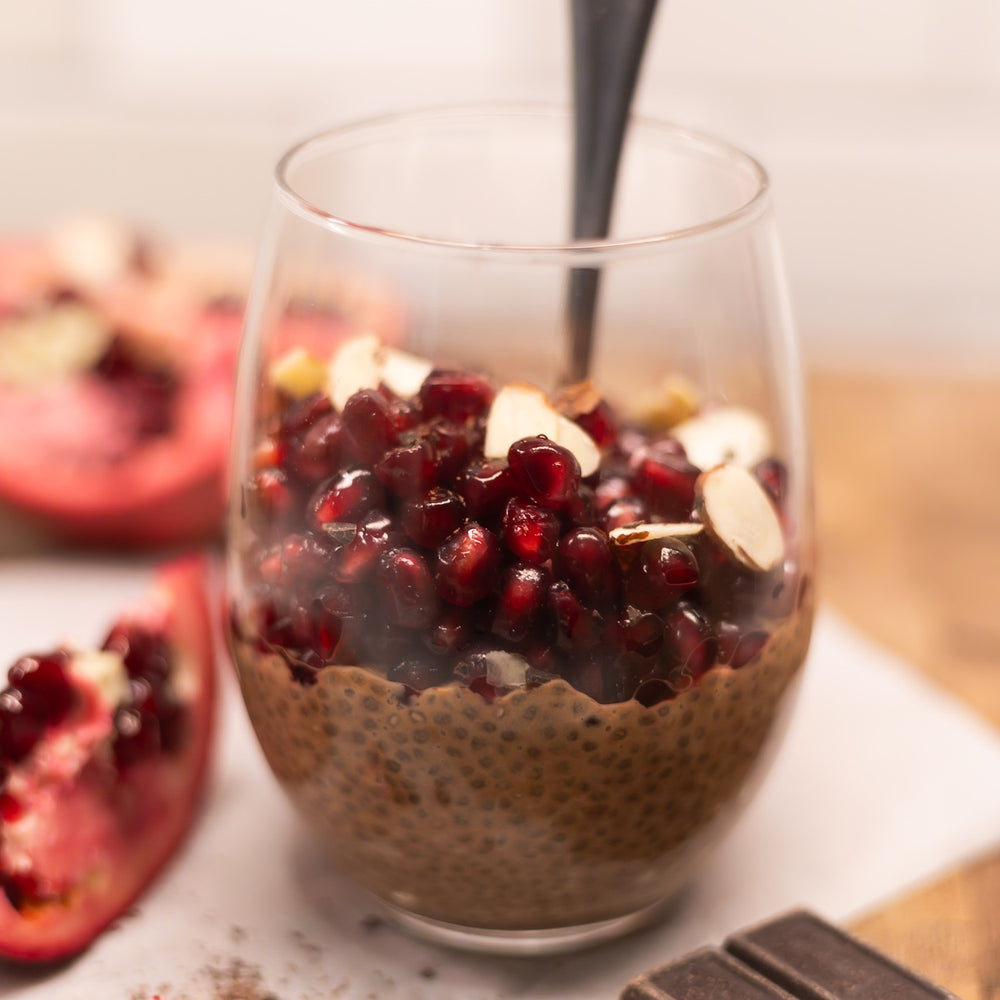 healthy chocolate chia pudding with pomegranate