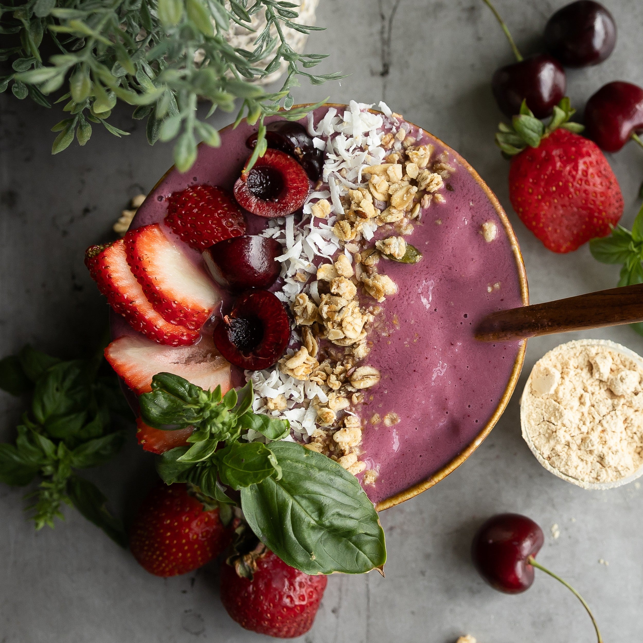 High-Protein Strawberry Cherry Basil Smoothie Bowl (31g Protein)