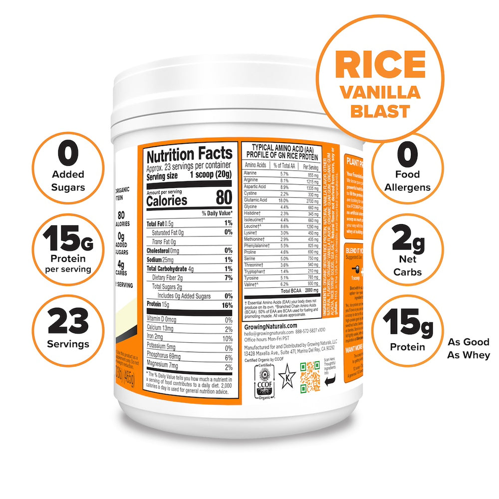 
                  
                    Load image into Gallery viewer, vegan rice protein vanilla nutrition facts
                  
                